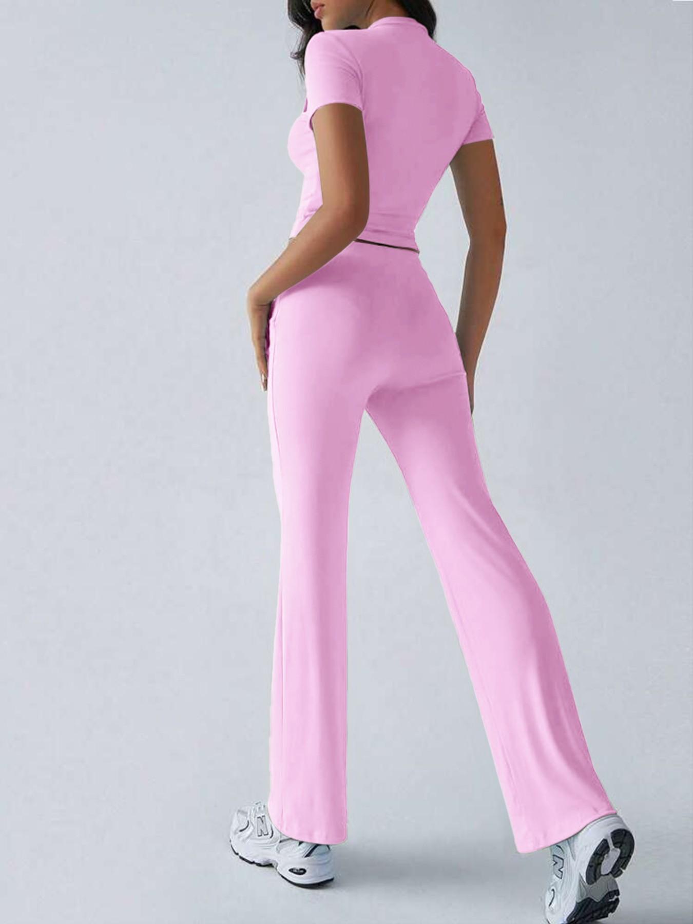LovelyWholesale - US Women's Fashion Casual Solid Color Round Neck Short Sleeve T-Shirt Top and Drawstring Pants Two-Piece Set, Spring and Summer Clothing