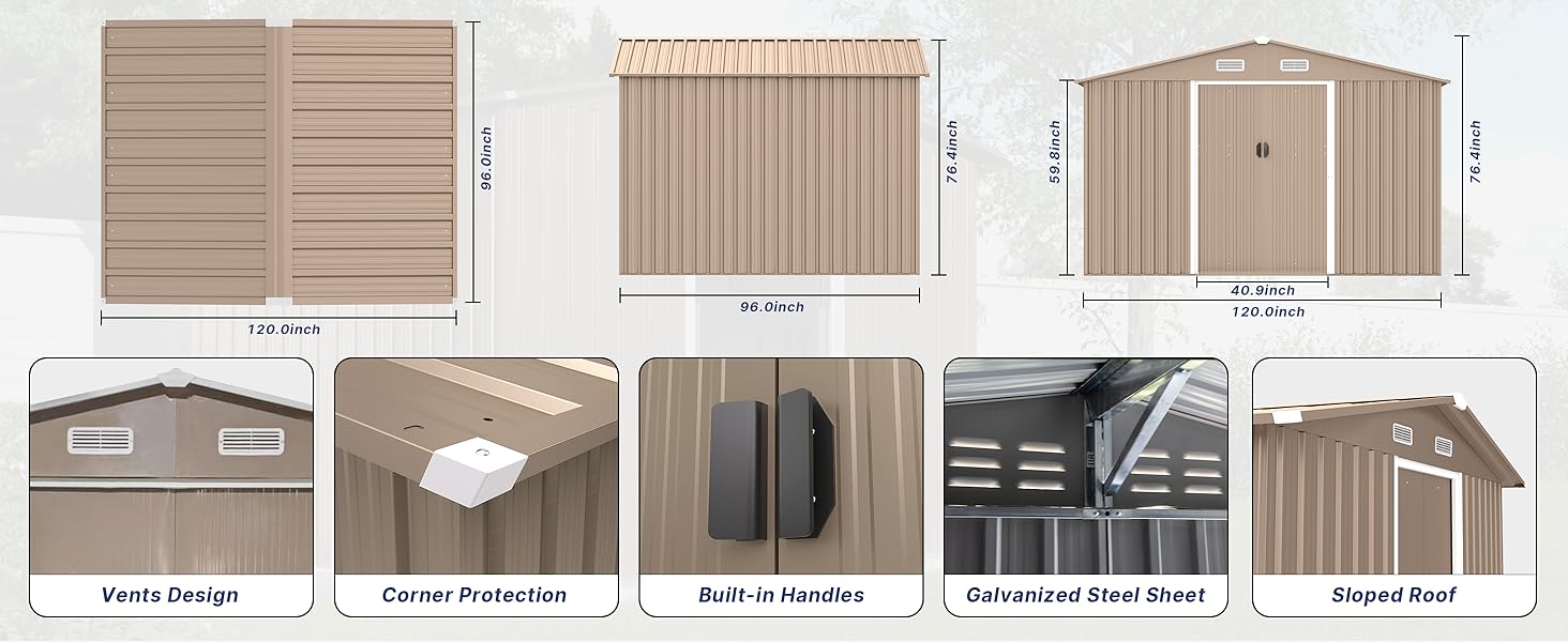 [2/3 packages delivery] Kullavik Outdoor Storage Shed 10“×8”, Waterproof Metal Tool Shed with Door,Ramp Plate for Outside,Garden,Backyard,Patio