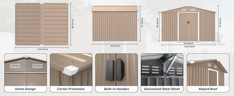 [2/3 packages delivery] Kullavik Outdoor Storage Shed 10“×8”, Waterproof Metal Tool Shed with Door,Ramp Plate for Outside,Garden,Backyard,Patio