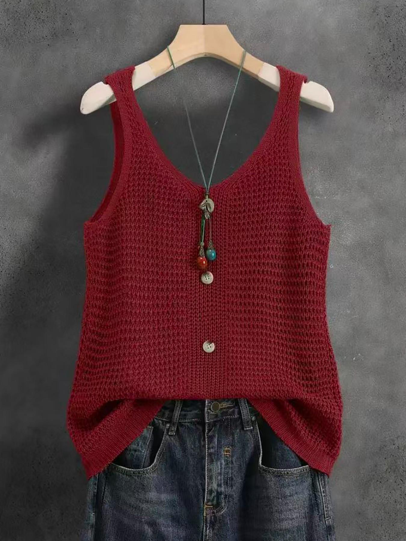 Women's Sleeveless V-Neck Knit Top, Summer Outerwear, Slimming Comfortable Loose Fit, Elegant Casual Design, Breathable Mesh Vest