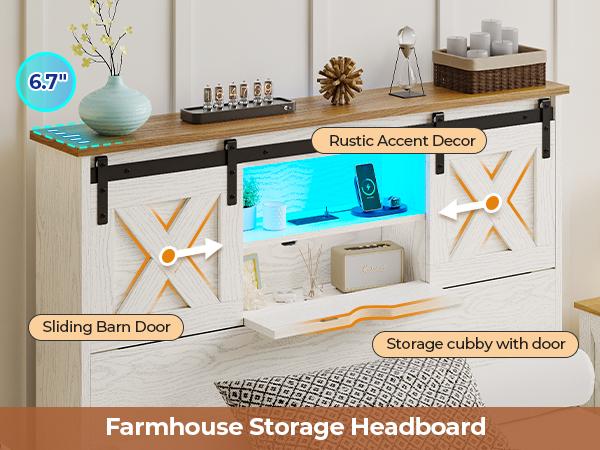 Hasuit Farmhouse Bed Frame Twin Size with 2 Storage Drawers, Wooden Platform Twin Bed with LED Lights and Charging Station, Rustic Accent Headboard with Sliding Barn Door Storage Cabinets