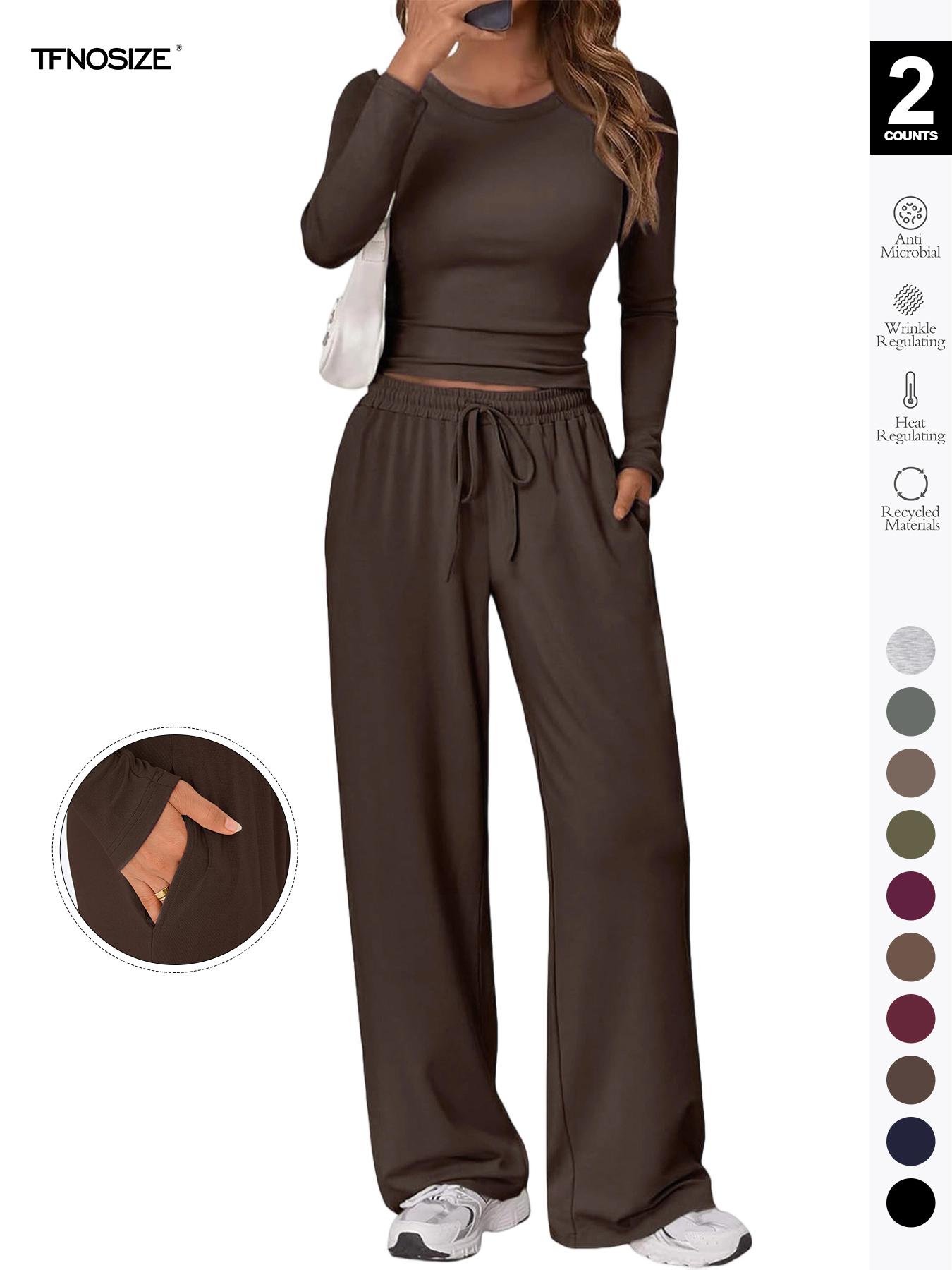 Women's 2 Piece Matching Loungewear Set, Long Sleeve Slightly Crop Fitted Top & Wide Leg Drawstring Pants, Casual Sweatsuit for Fall & Winter