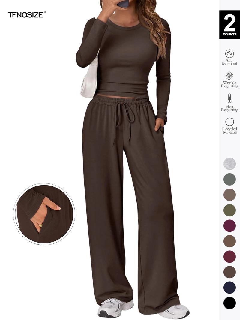 Women's 2-Piece Matching Lounge Set, Long Sleeve Slightly Cropped Top & Wide Leg Pants, Casual Sweatsuit for Fall & Winter