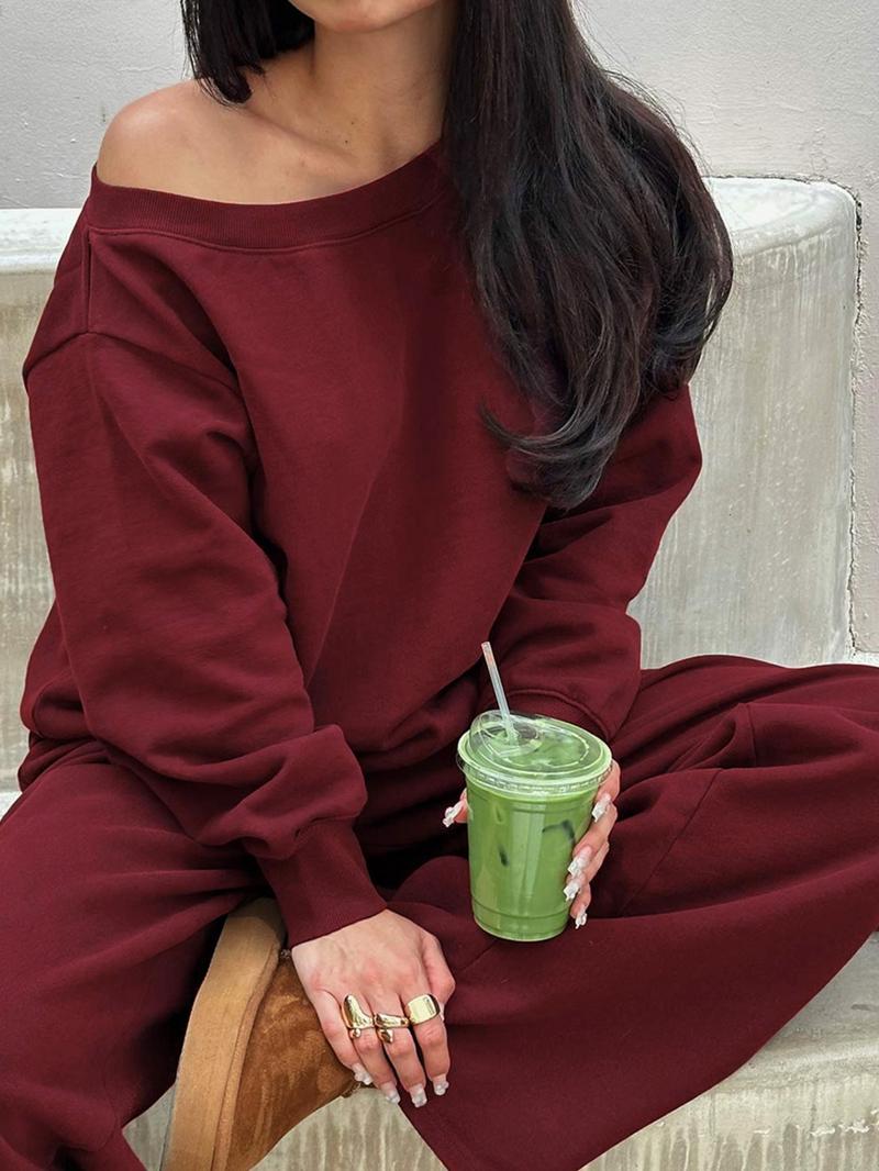 Women's One Shoulder Long Sleeve Top & Pants Two Piece Set Casual Pullover Jumper Sweatsuit for Fall Winter Daily Outfit Comfortable Streetwear Loungewear