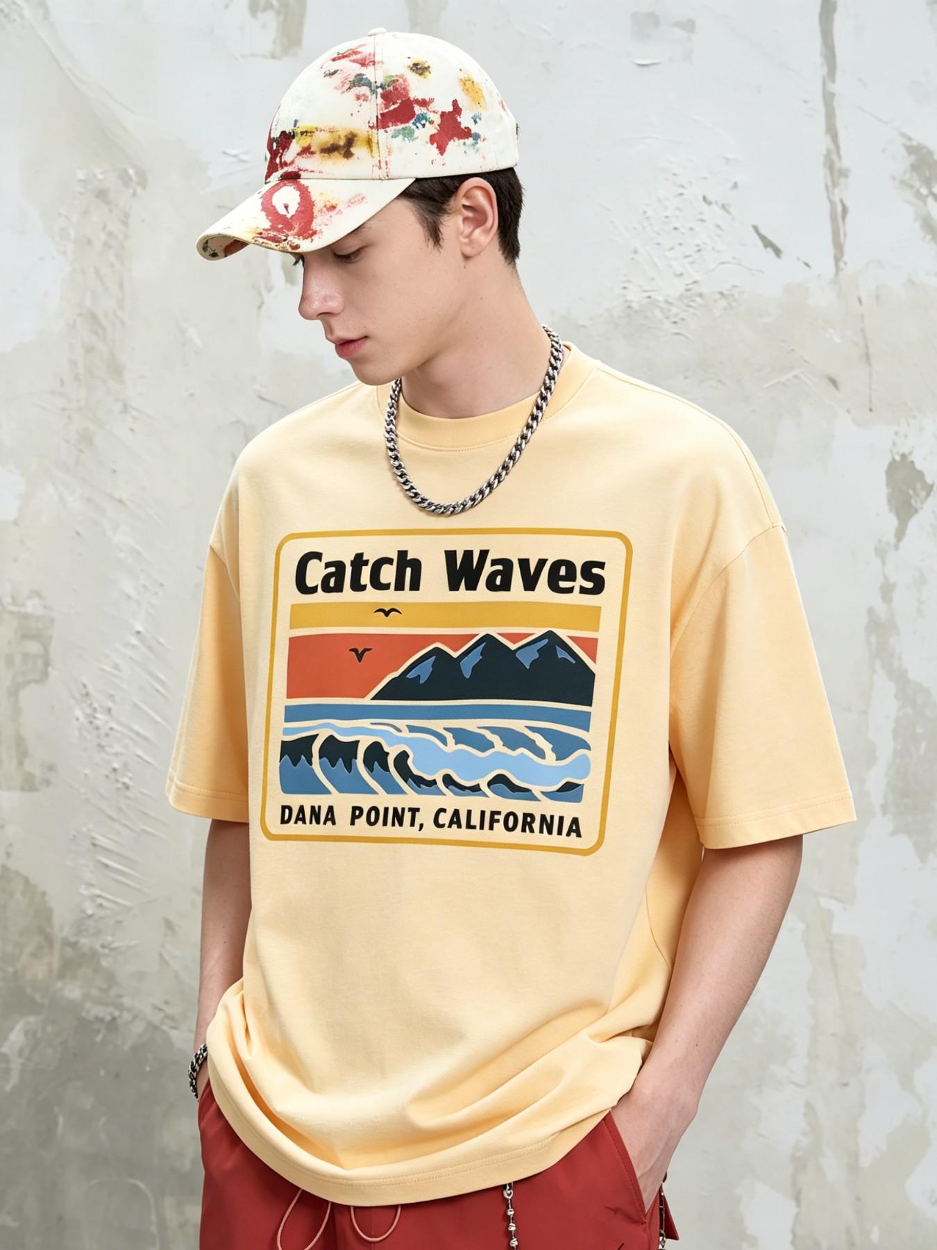 Men's Catch Waves Surfing Style Cotton T-Shirt, Loose Fit Short Sleeve Top, American Vintage Design, Long Clothing Length