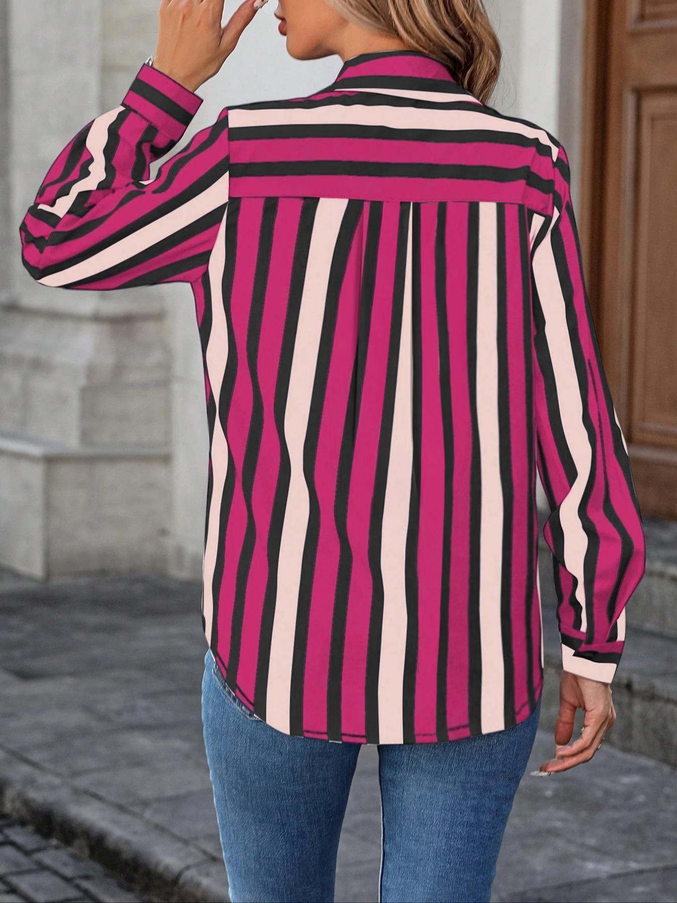 Plus Size Women's Casual Fitted Long Sleeve Shirt, Button Design, Pockets and Striped Pattern, Fashionable and Comfortable Daily Wear