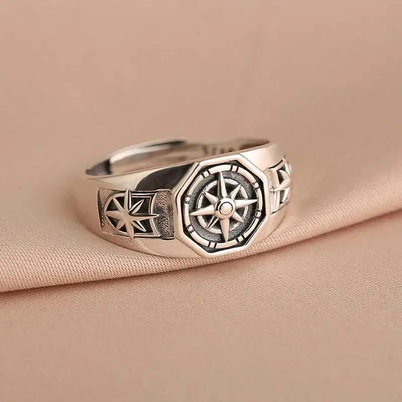 Silver-Plated Retro Poseidon Compass Ring - Compass Center, Hexagonal Face, Hexagram Opening, Adjustable Size, Hip-Hop Look Costume Jewelry, Ideal Engagement Ring Gift for Men, Engagement Rings, Opening Band