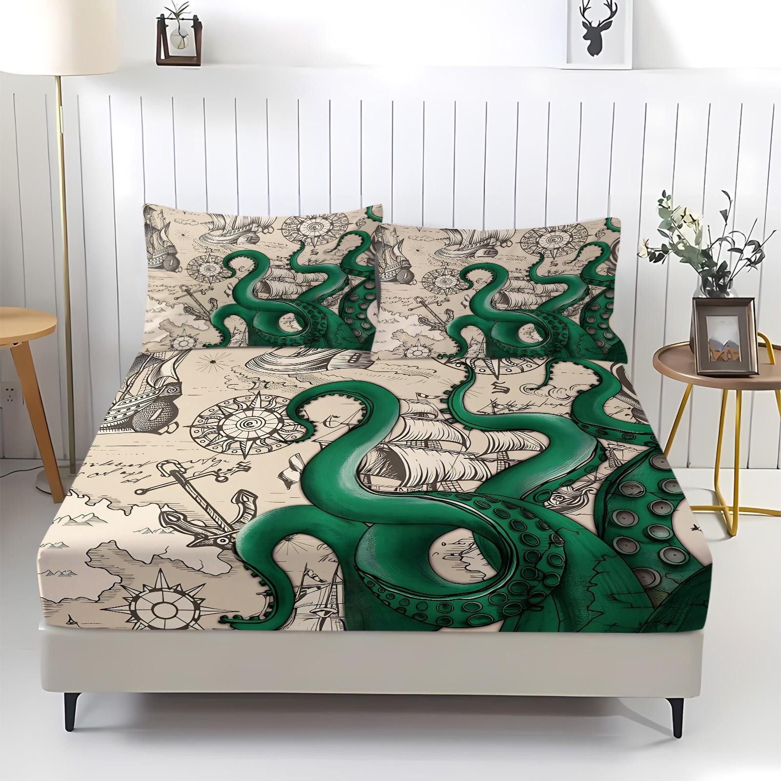 3PCS Vintage Octopus Nautical Fitted Sheet Set (1 Fitted Sheet + 2 Pillowcases),Soft Breathable Fabric,Deep Pocket Anti-Slip Full Wrap,HD Vivid Digital Print,Kraken Pirate Ocean Bedding For Bedroom, Dorm & Guest Room