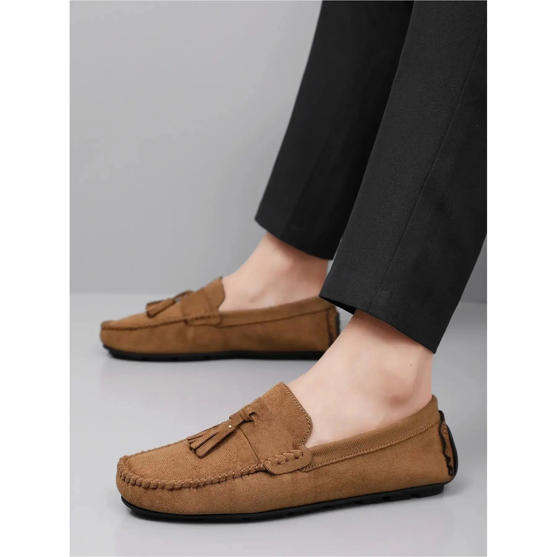 YYW1 Men's Handmade Suede Tassel Loafers Classic On Rubber Sole Soft Lightweight Casual Driving Shoes Footwear Slipon Flat