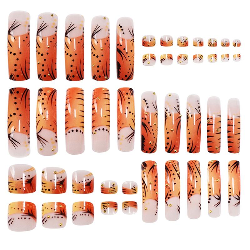 Orange Fake Nails Kit with Nail File & Tape, 48pcs/set Glossy Long Square False Finger and Toe Nails for Women & Girls