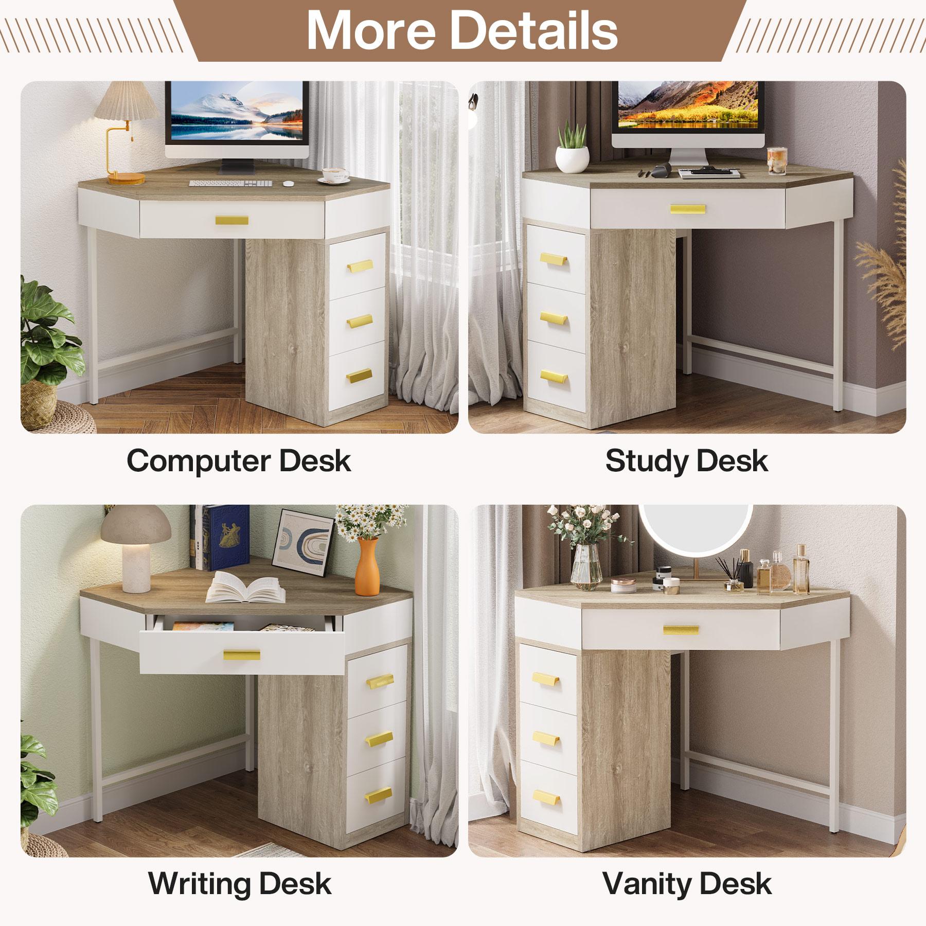 TRIBEWOOD Corner Desk, Triangle Computer Desk with 3 Drawers, 90-Degree Writing Desk PC Table Makeup Vanity Desk with Storage for Home Office, Living Room, Bedroom