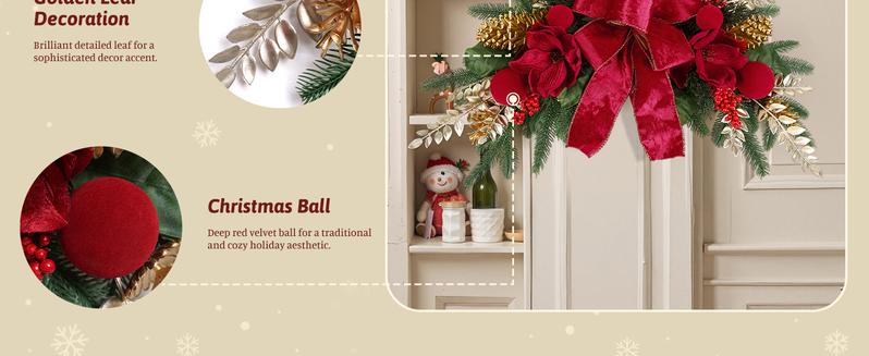 2025 Magnolia Christmas Wreath – Holiday Door Decoration with Silk Bows, Pinecones, Balls, Red Berries & Magnolia, Outdoor & Front Door Decor