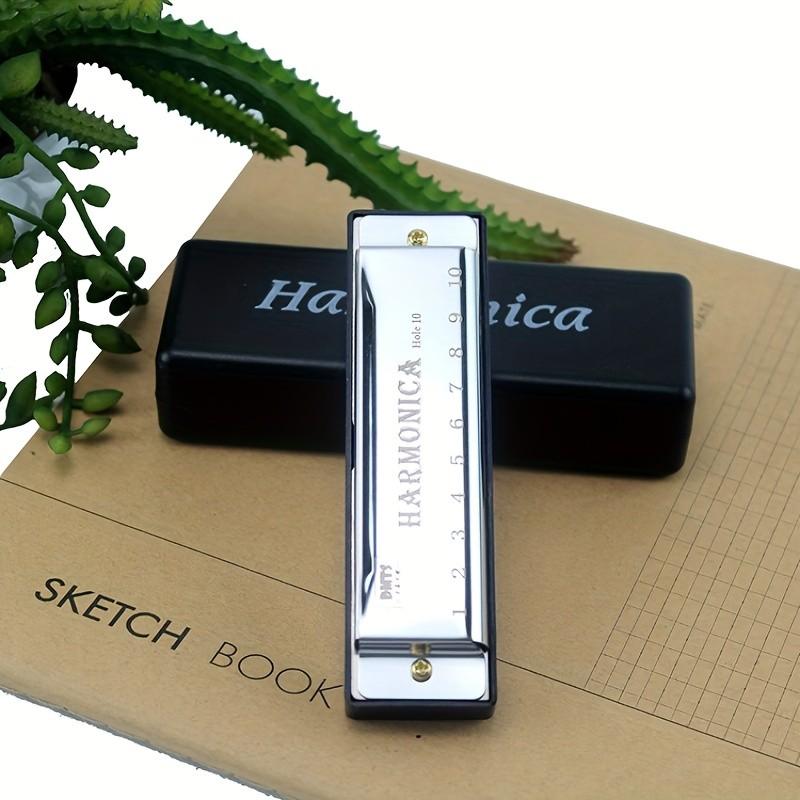 10 Hole Harmonica C Key, Durable Plastic Polished Finish, Includes Protective Case, Ideal Gift for Beginners, Gold Silver Colors Available