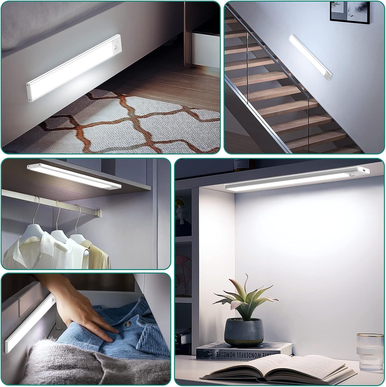 Under Cabinet Lighting 4 Pack Closet Light with Motion Sensor Indoor Dimming USB Rechargeable LED Stick on Lights for Bedroom Kitchen Stair 16inch 3 Color Temperatures Easy Install