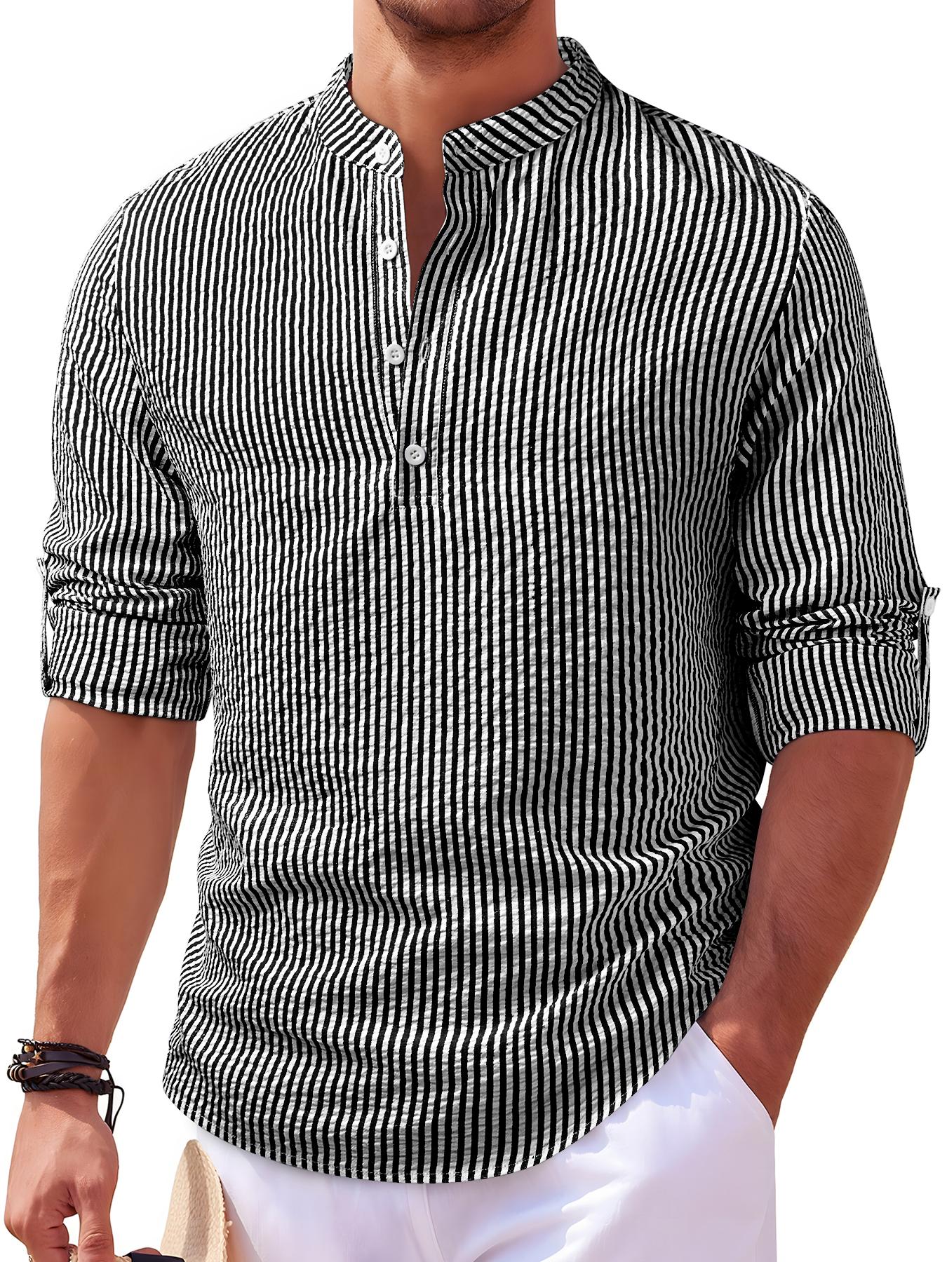 Men's Textured Random Print Blue Striped Open Collar Small Stand Collar Long Sleeve Casual Shirt Henry Style