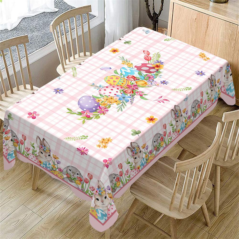 Rectangular Easter Tablecloth, Cartoon Rabbit & Egg Design, Spring/summer Floral Pattern, Perfect for Holiday/easter Decorations, Picnic Table Cover