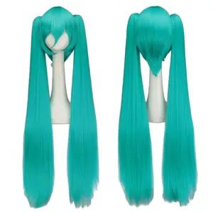WHIMSICAL W Synthetic Hair Miku Cosplay Long Wig Green Heat Resistant Party Wigs with 2 Clip Ponytails Wigs
