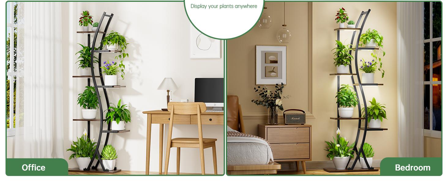 7-Tiered Decorative Plant Stand with Adjustable Grow Lights and Paint Finish - 62" Tall Metal Flower Display Shelf, Curved Design Pot Organizer Set for Living Room, Patio, Balcony Decoration, Standing Rack with Wall Strap for Indoor & Outdoors 7-Tiered Decorative Plant Stand with Adjustable Grow Lights and Paint Finish - 62" Tall Metal Flower Display Shelf, Curved Design Pot Organizer Set for Living Room, Patio, Balcony Decoration, Standing Rack with Wall Strap for Indoor & Outdoors