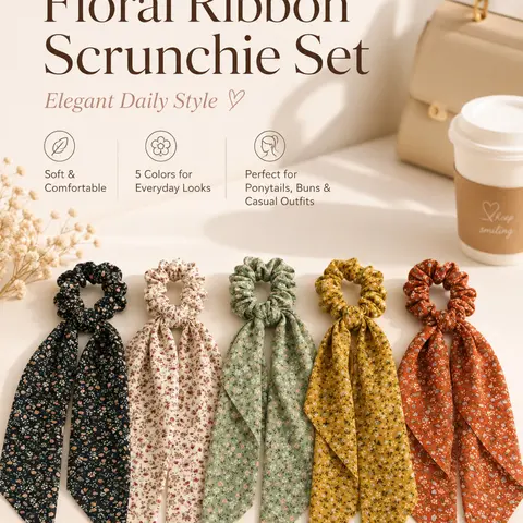 5Pcs Floral Print Fabric Scrunchies with Long Ribbon, Sweet Elegant Flower Hair Ties, Soft Cloth Ponytail Bun Hair Accessories for Women Daily Travel Vacation