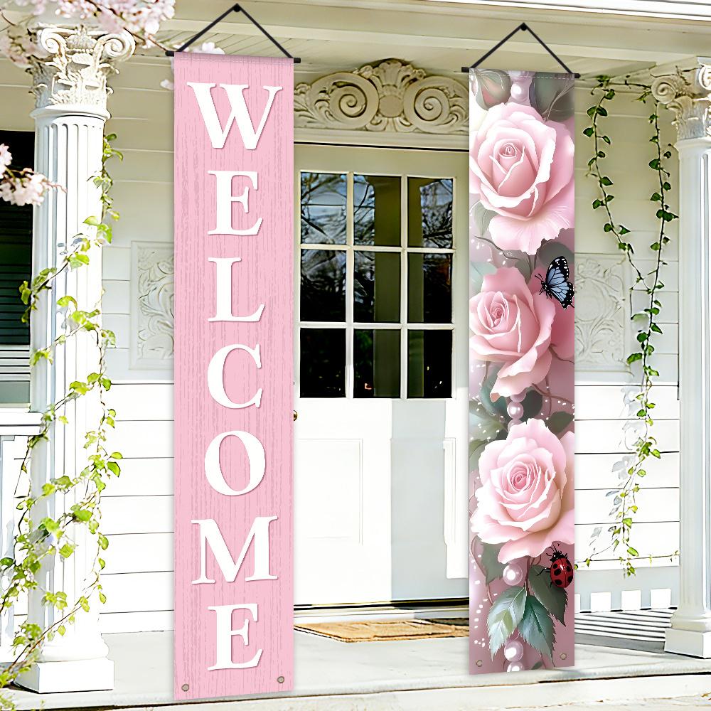 1 Pair 2D Flat Banners, Yard Sign Banner, Spring-Themed Front Door Porch Sign Party Banners with "WELCOME" Lettering, Pink Rose Design, Polyester, Suitable for Spring Parties, Home, Indoor/Outdoor Celebrations, Hanging Decorations