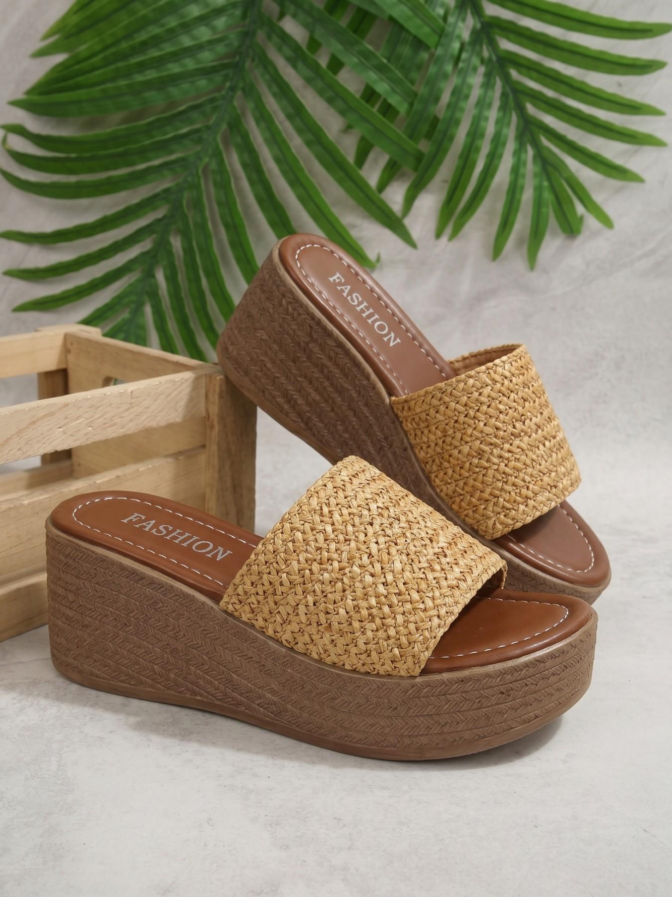 Women's Straw One-Strap Wedge Sandals, Summer Outdoor Retro Braided Thick Sole Platform Slippers, Beach Slip-Ons, Anti-Slip, Height-Increasing, Braided Design Sandals