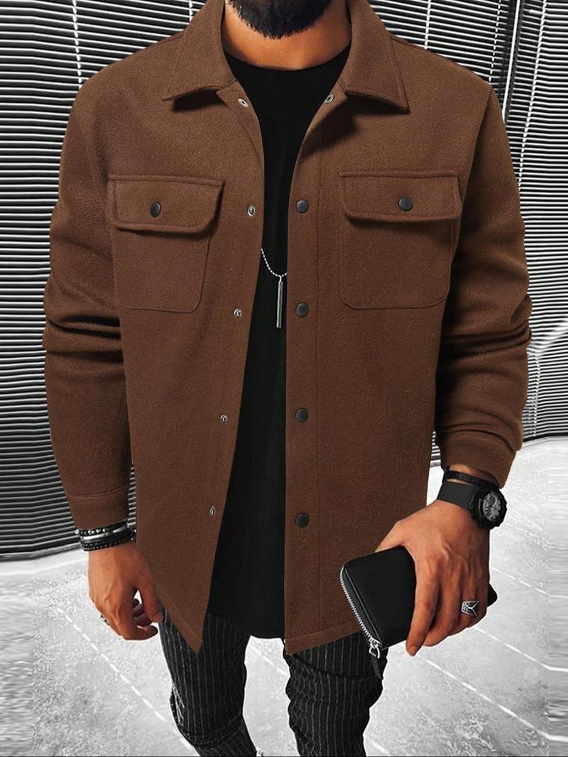 Men's Plain Long Sleeve Jacket, Regular Fit Casual Classic Button Front Flap Pocket Collared Outerwear for Fall & Winter, Going Out Outfit