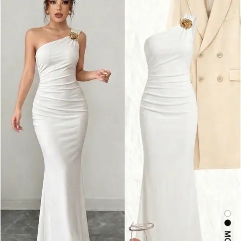 Women's Elegant Asymmetric Neckline Ruched Fishtail Maxi Dress with Brooch | Slim-Fitting All-Season Fashion Formal Evening Party Outfit