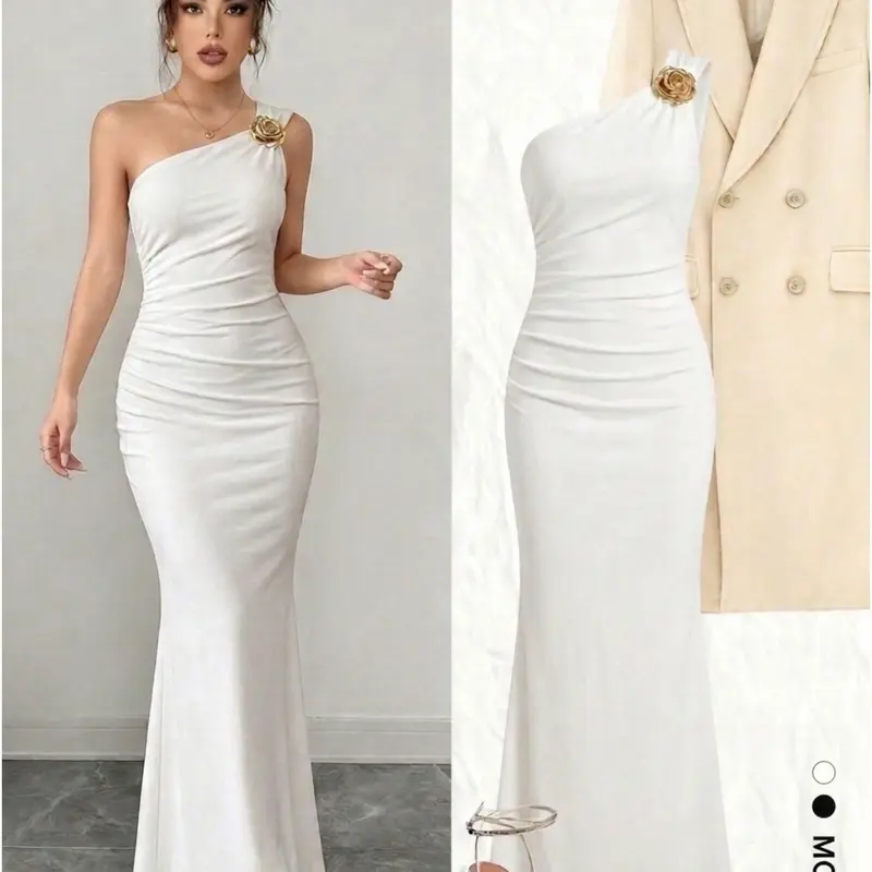 Women's Elegant Asymmetric Neckline Ruched Fishtail Maxi Dress with Brooch | Slim-Fitting All-Season Fashion Formal Evening Party Outfit