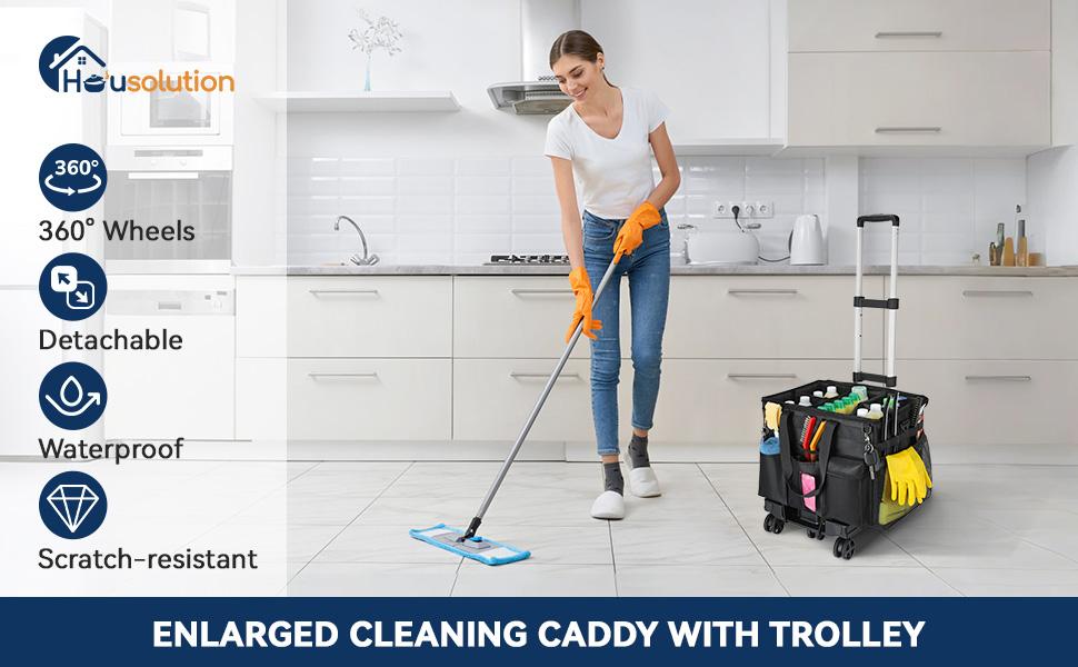 Extra Large Rolling Cleaning Caddy Bag with Detachable Trolley, Upgraded 360° Free Rotating with 5 Wheels and Dust-Proof Lid, Professional Cleaning Supplies Bag for Housekeepers, Black Collapsible Multi-Purpose Camping Cart