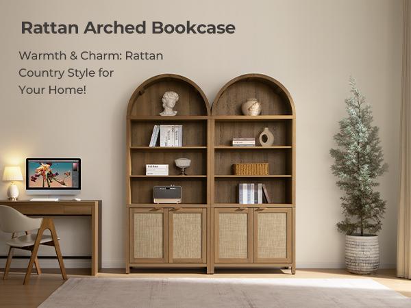 SICOTAS Book Shelf Arched Cabinet Bookshelf Arch 84.2" Tall Bookcase 5 Tier Large Bookshelves with Doors Storage Rattan Boho Wide Book Shelves Case for Living Room Kitchen Office Bedroom Library, Robust and Durable