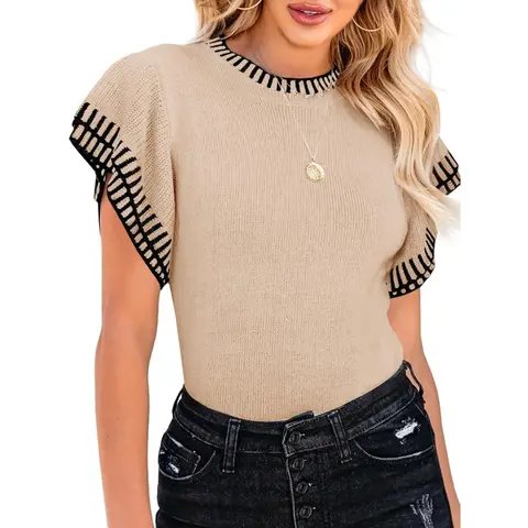 Women's Short-Sleeve Knit Sweater - Summer Ruffle Striped, Loose Round Neck, Lightweight Soft, Trending Tops, Striped Look, Instant Polish, Jeans-Ready Basic, Loose Fit, Easy Movement, Casual Vacation Outfit Top