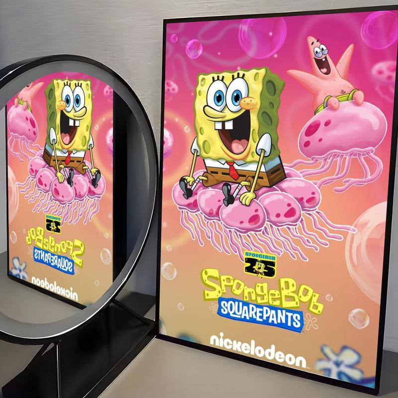 Cartoon S-SpongeBob S-SquarePants Poster Waterproof HD Wall Sticker | Self-Adhesive Decorative Art Poster | Fade-Resistant Scratch-Proof for Long-Term Use | Easy to Apply and Clean | for Home Office Bedroom Living Room Kitchen Decor | Gift Idea