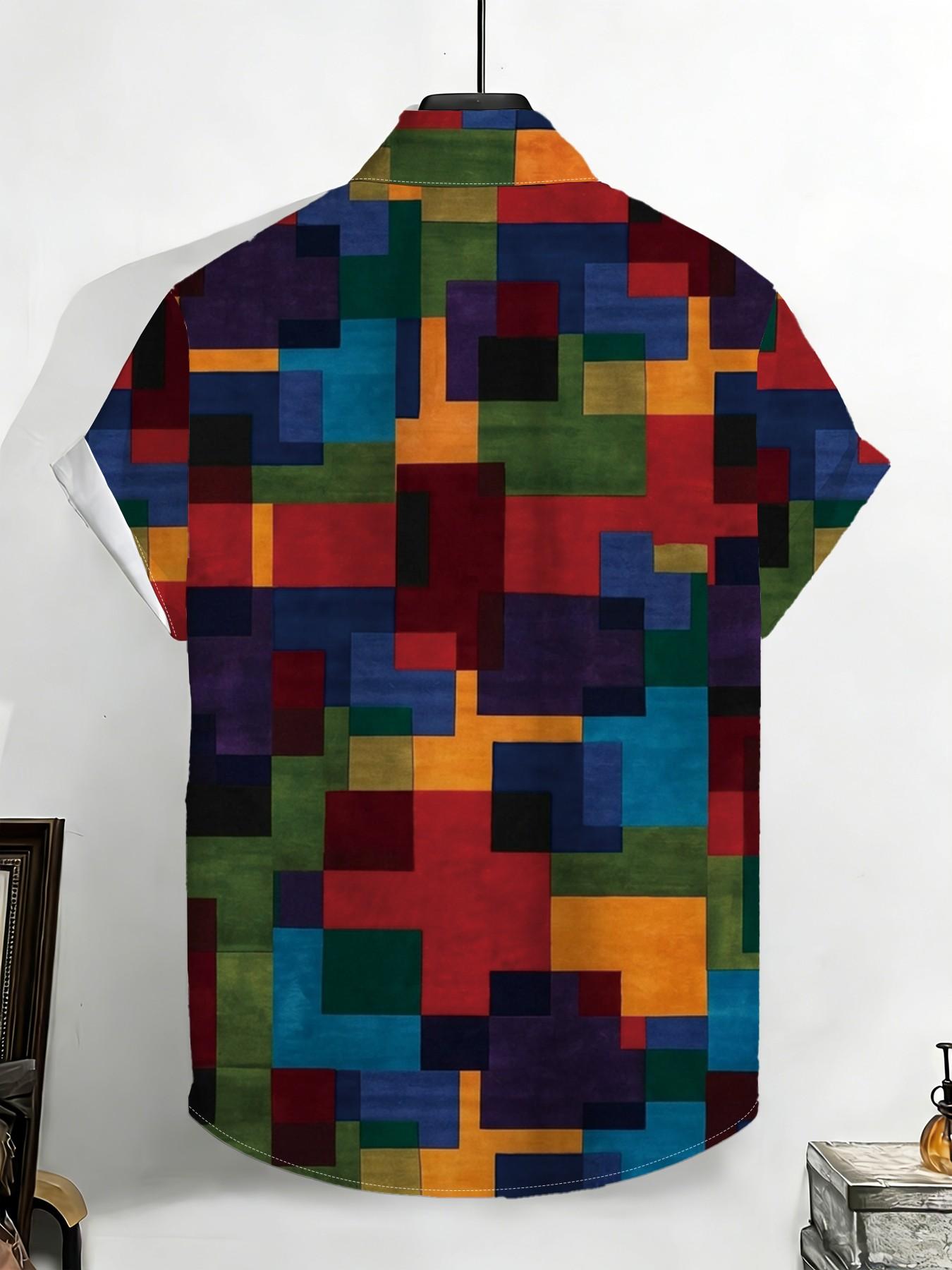 New Summer Men's Short Sleeve Shirt, Vintage Colorful Square Geometric Print, Casual Breathable Beach Holiday Hawaiian Shirt