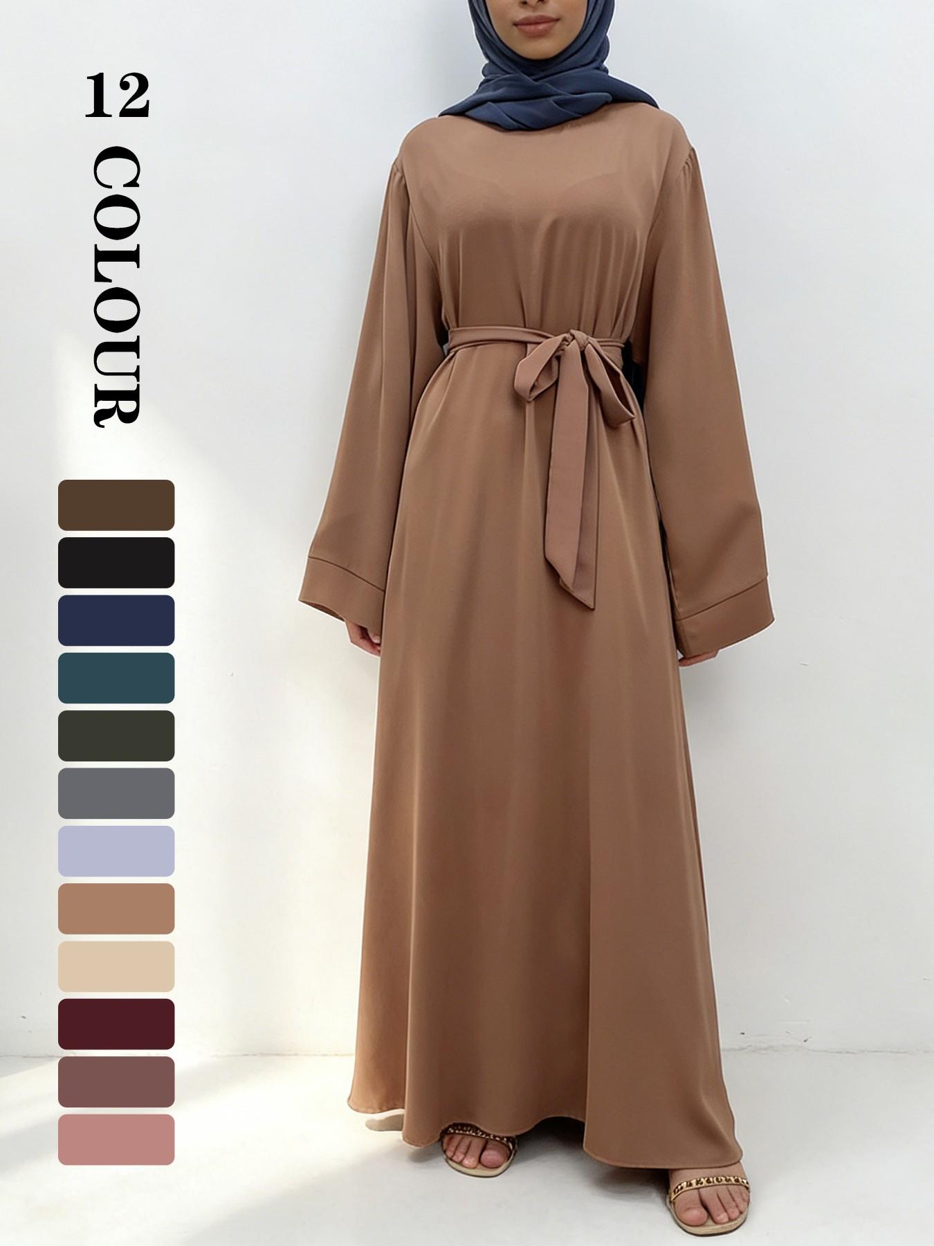 Muslim Modest Fashion Simple Nida High-Quality Long Sleeve Wide Sleeve Dress with Waist Belt, No Hijab Included, 12 Colors, 5 Sizes Available EID Ramadan Dress, Muslim Evening Dress
