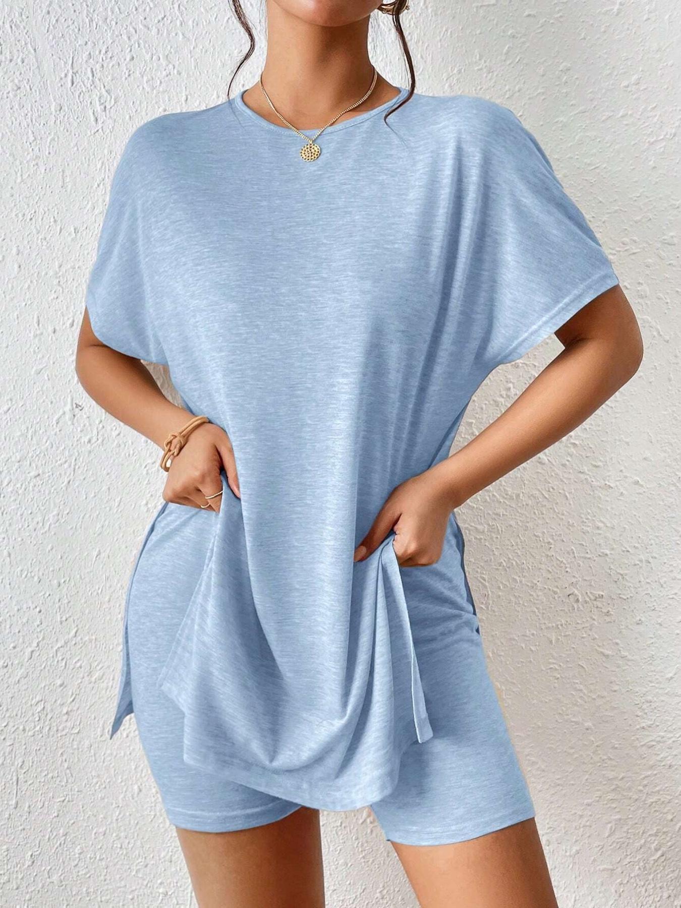Women's Summer Casual Set, Plain Comfortable Split Two-Piece, Batwing Sleeve Round Neck T-Shirt + Tight Short Pants, Youthful Trendy