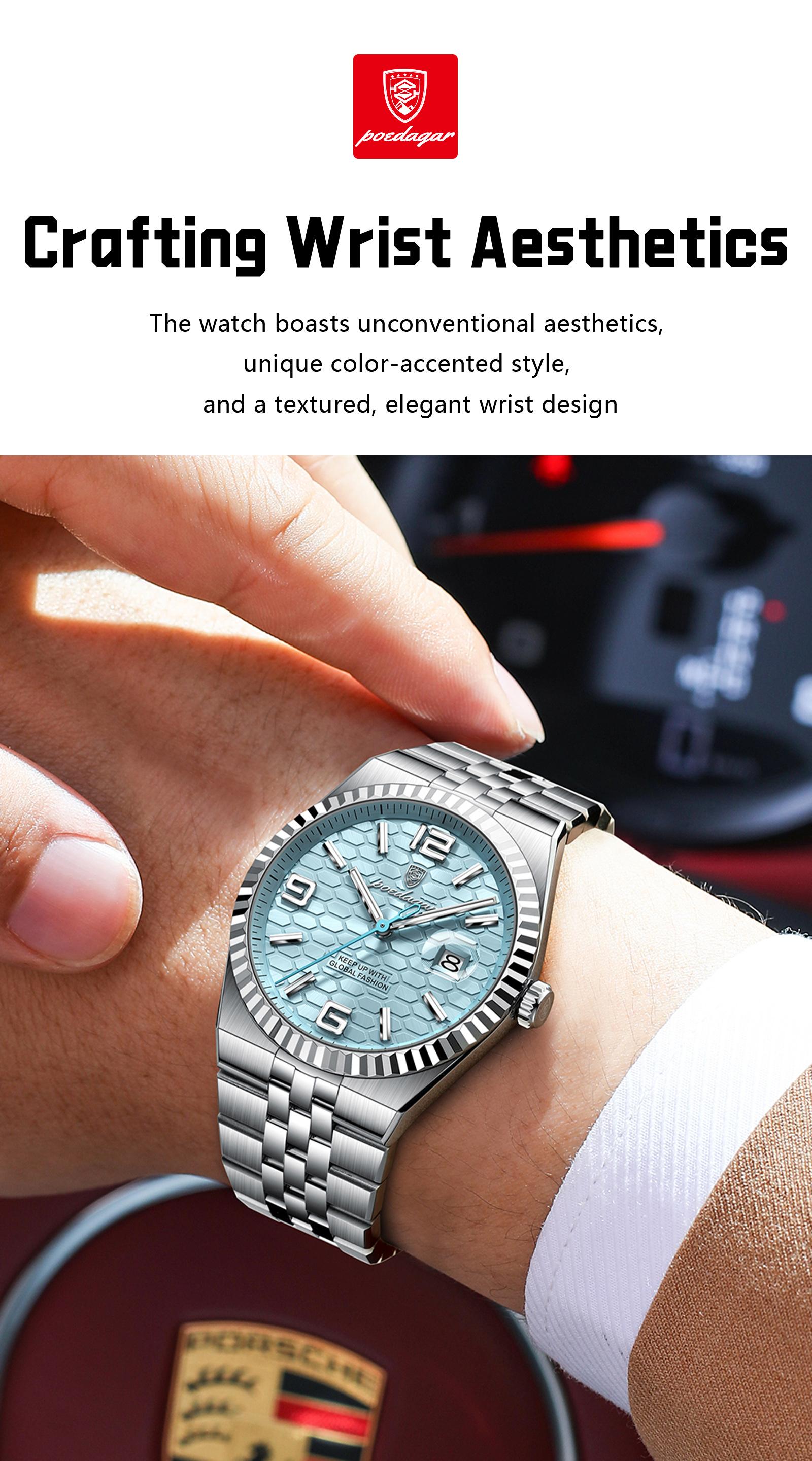 Poedagar original high-quality men's watch, waterproof, luminous, date, luxury, stainless steel quartz watch, men's watch, Modern Fashionable Wristwatch