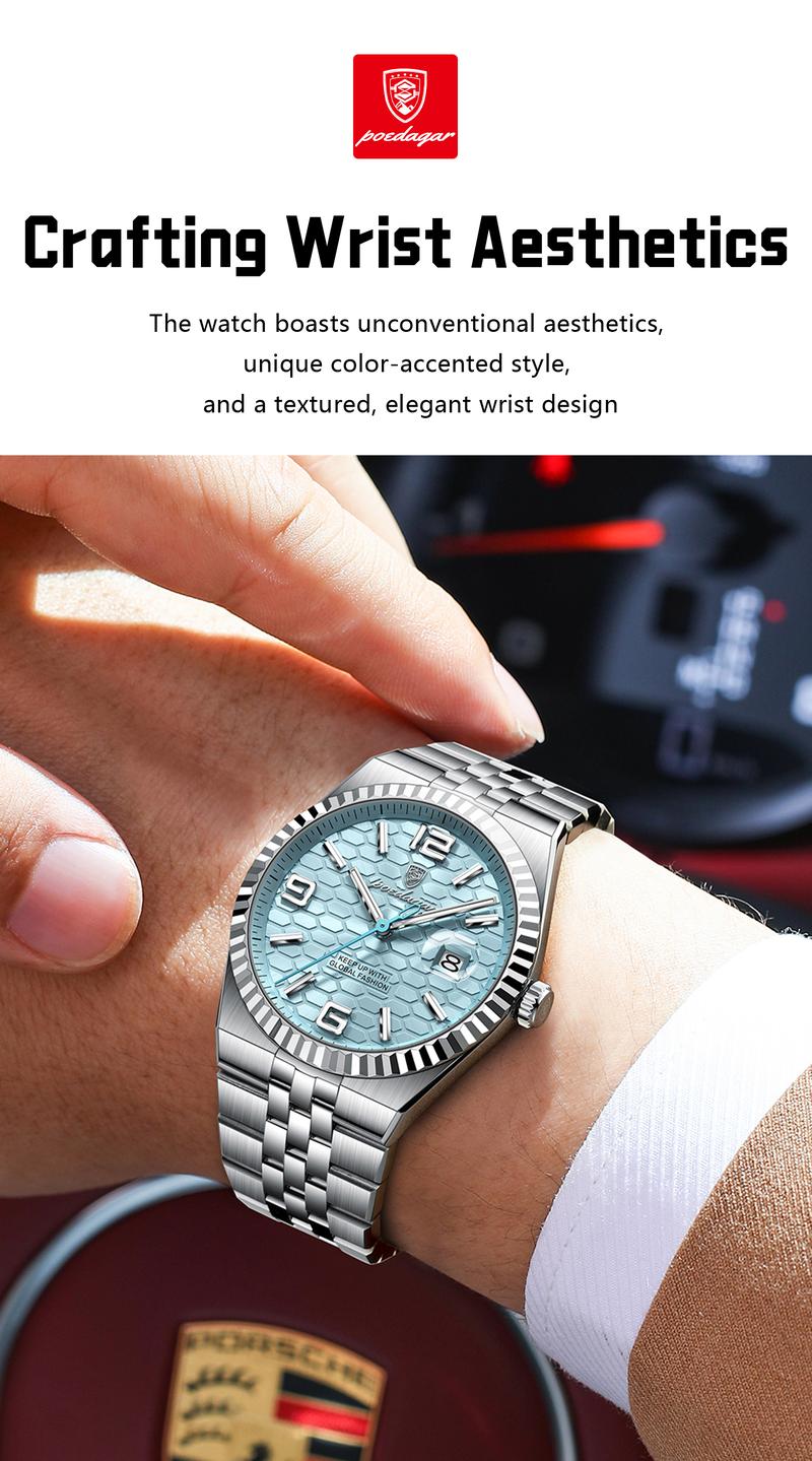 Poedagar original high-quality men's watch, waterproof, luminous, date, luxury, stainless steel quartz watch, men's watch, Modern Fashionable Wristwatch