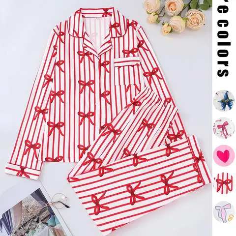 2-Piece Christmas Valentine Heart Butterfly Print Long Sleeve Women's Pajama Set, Loungewear, Button Front Top and Loose Comfortable Pants, Elegant Sleepwear