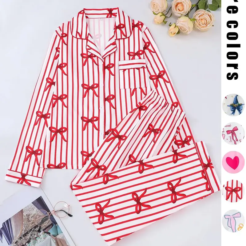 2-Piece Christmas Valentine Heart Butterfly Print Long Sleeve Women's Pajama Set, Loungewear, Button Front Top and Loose Comfortable Pants, Elegant Sleepwear