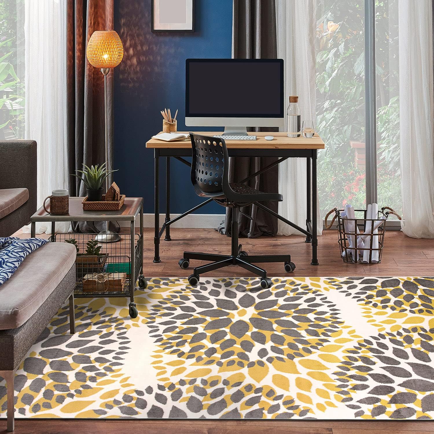 Modern Abstract Leaf Print Flannel Area Rug - Yellow Grey Contemporary Botanical Print Soft Mat for Living Room, Non-Slip Minimalist Home Decor#AbstractLeafRug #BotanicalPrintMat #MinimalistHomeDecor #YellowGreyCarpet #NonSlipFlannelRug