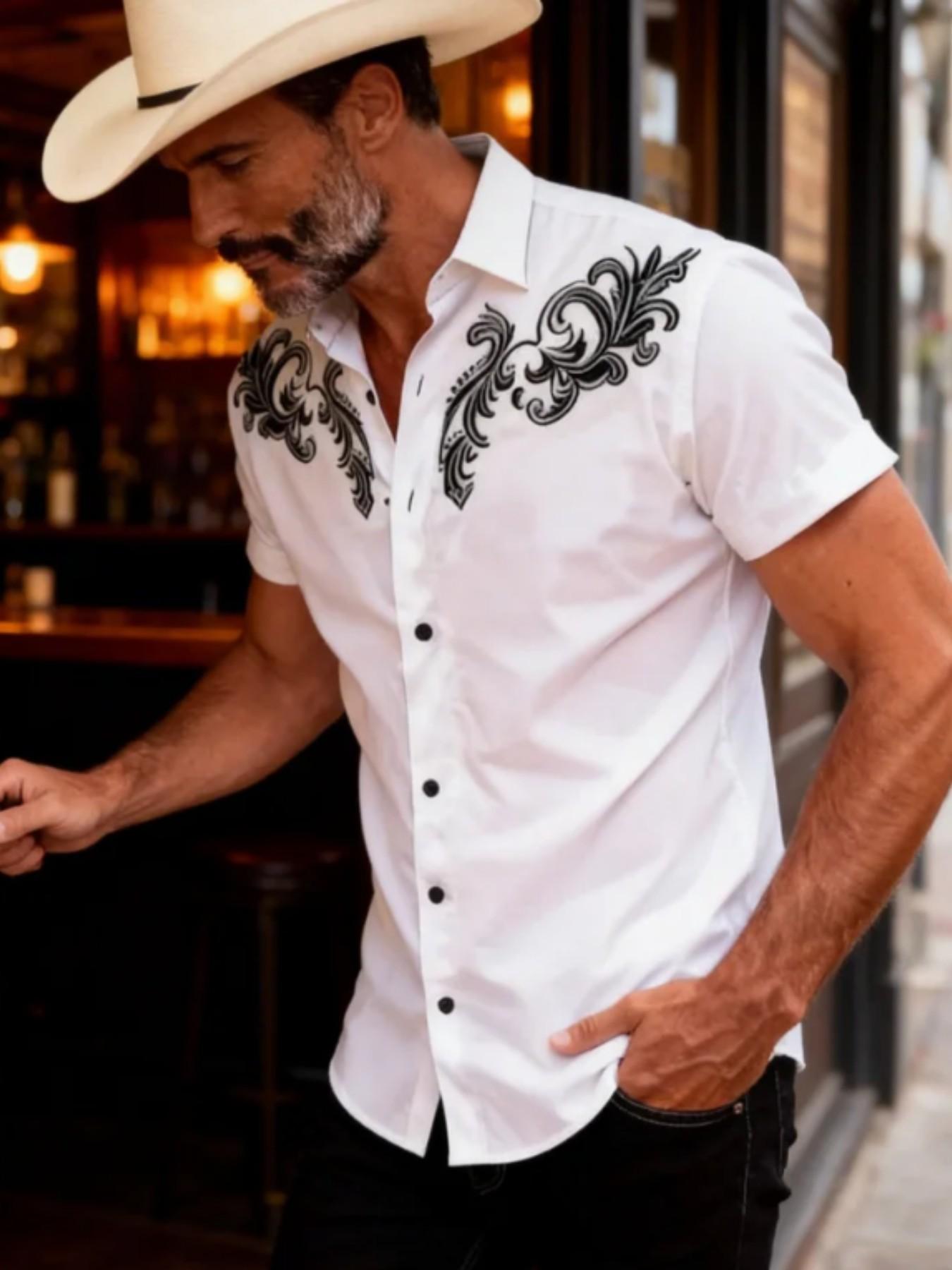 Men's Western Cowboy Style Print Short Sleeve Shirt, Vintage Scroll Pattern Notch Lapel Open Front, American Casual Riding Vacation Commute Top