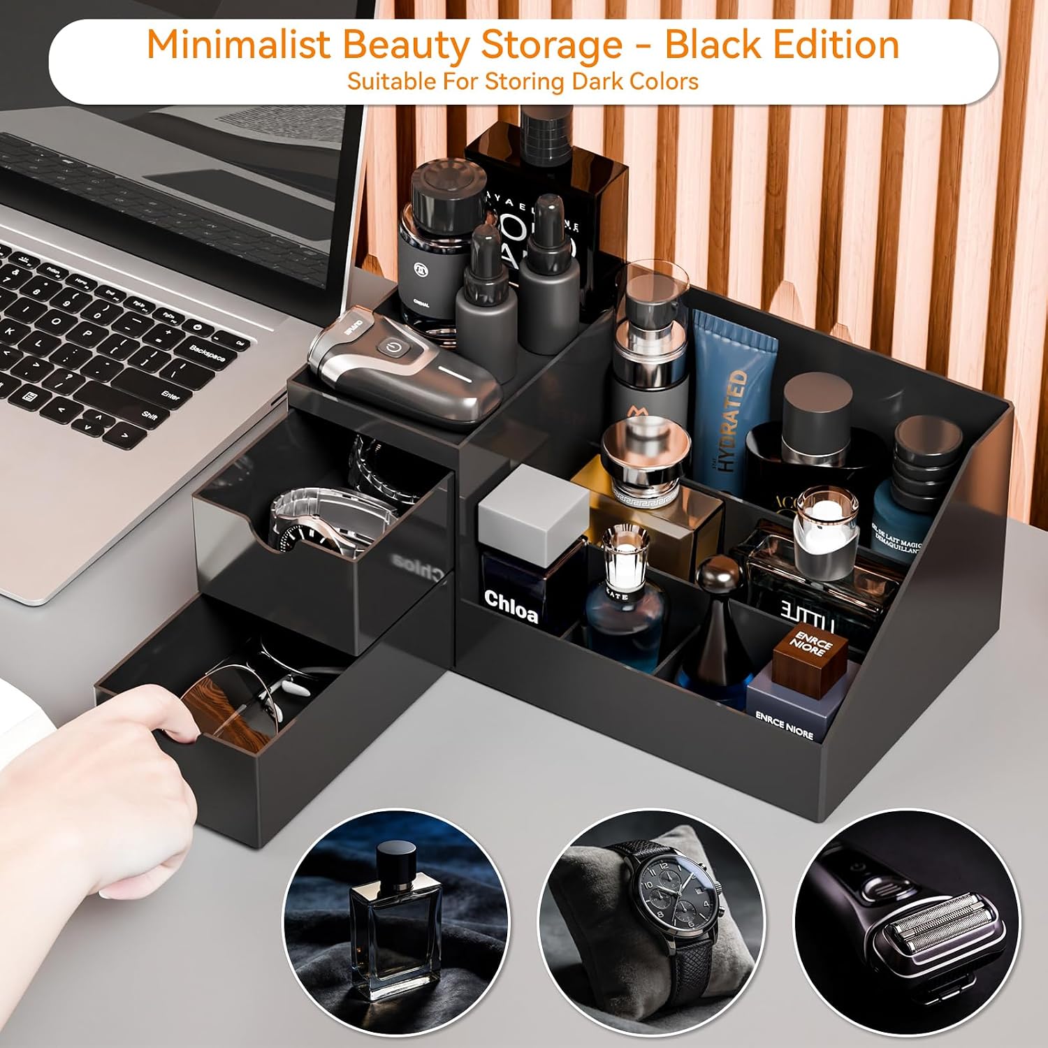 Makeup Organizer with 2 Drawer,Black Cologne Organizer for Men,Cologne Stand and Rack, Care,Perfume Organizer Holder and  Shelf for ,Bathroom Countertop and Dresser Top,1PCS