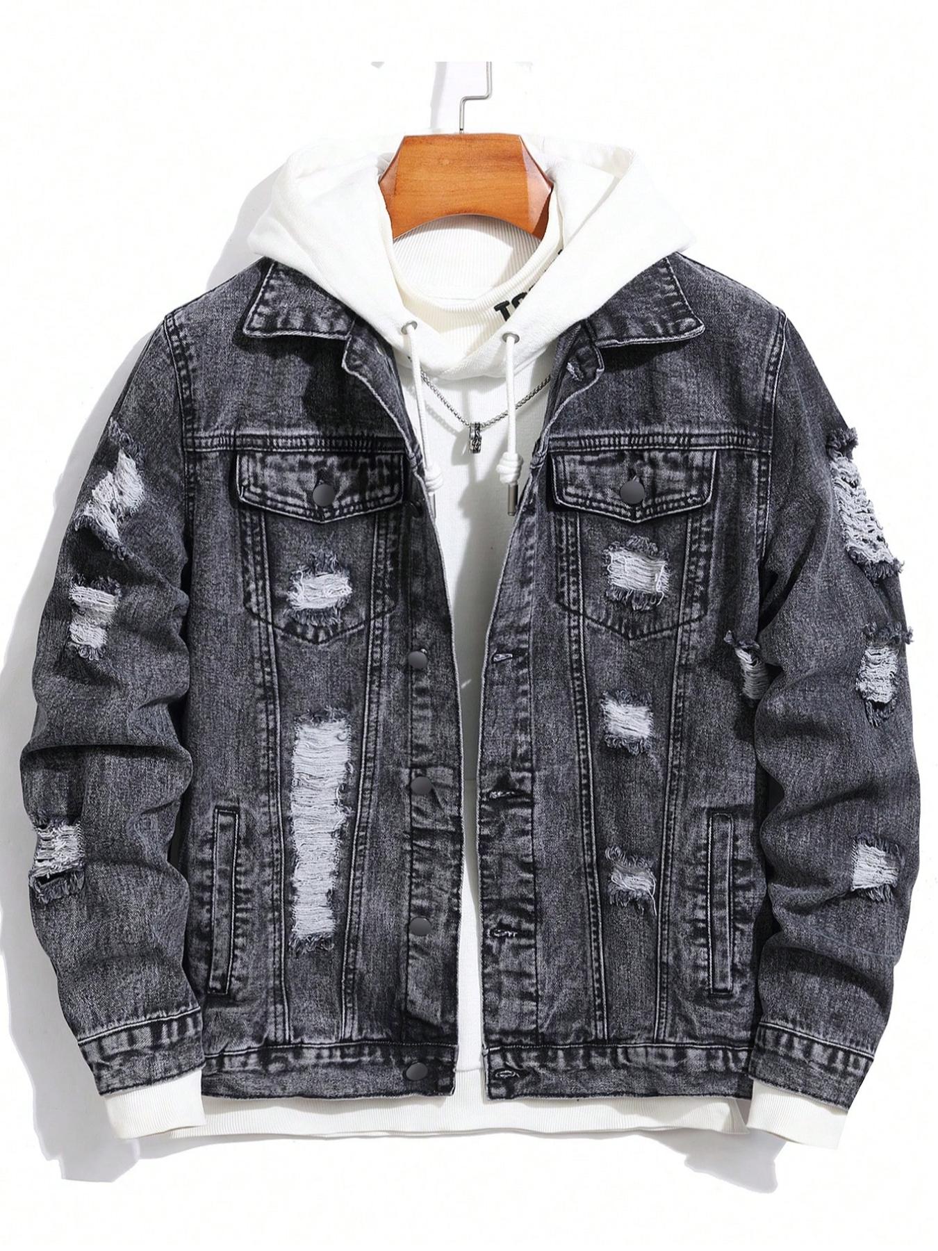 Trendy Distressed Ripped Plain Denim Jacket, Full of Street Style, Easily Create a Unique Look!(inner wear not included).