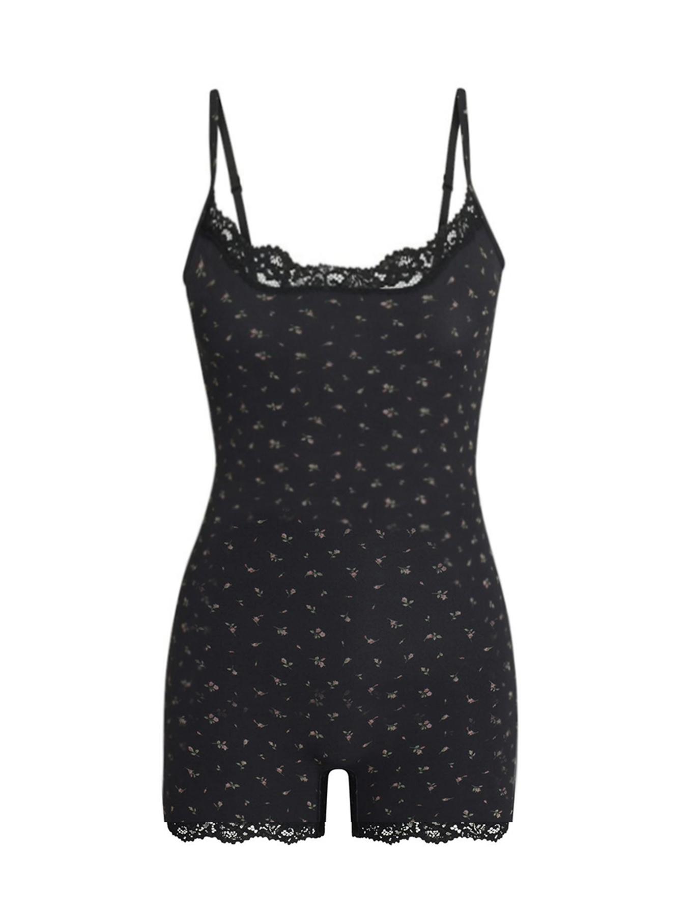 Women's Basic Solid Color Spaghetti Strap Lace Trim Seamless Bodysuit Underwear Body Shaper Shapewear