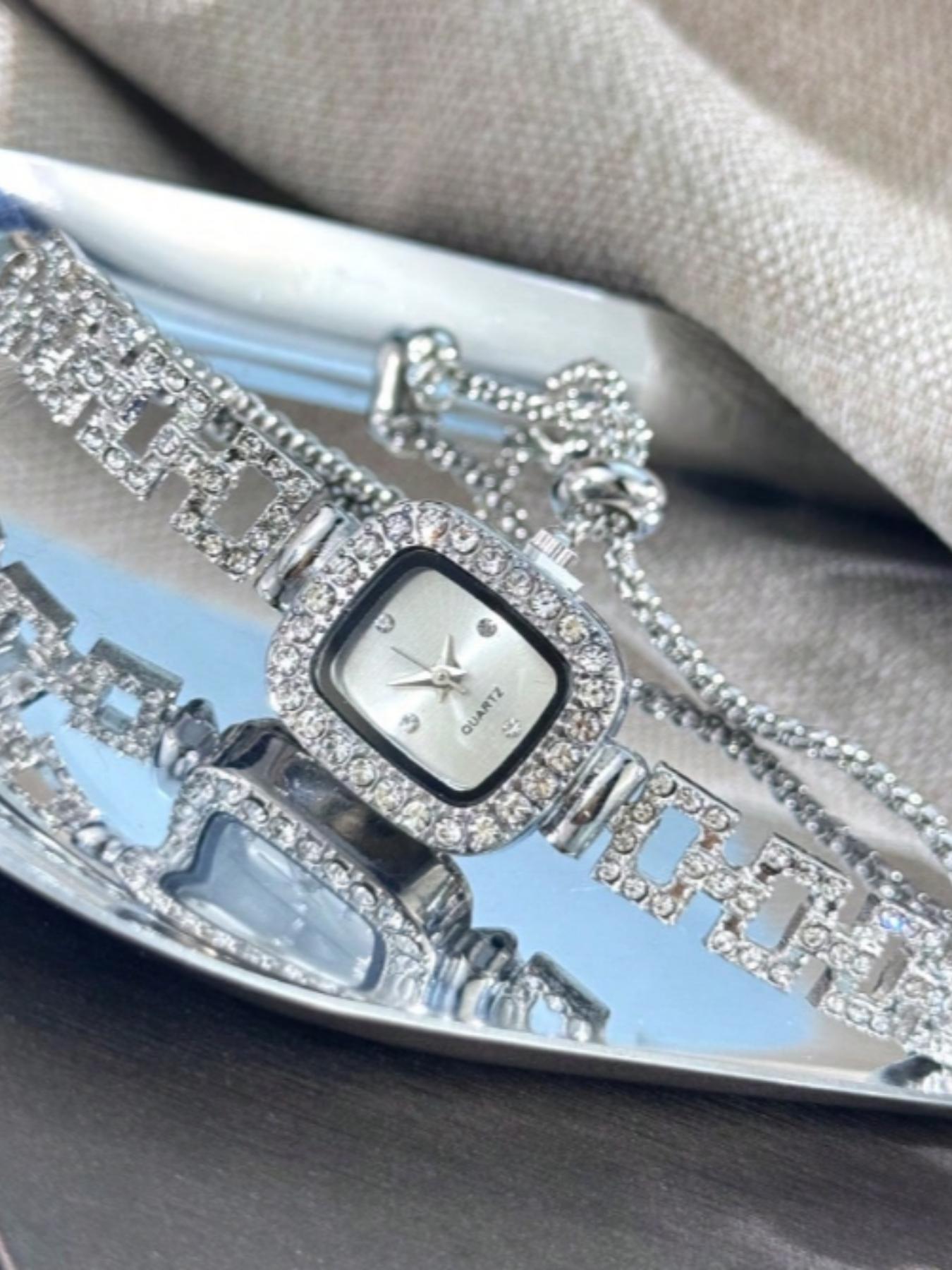 1pc Women's Silver Square Case Watch With Rhinestone Scale Dial, Diamond-Encrusted Square Design, Adjustable Chain, Quartz Movement, Hip-Hop Style