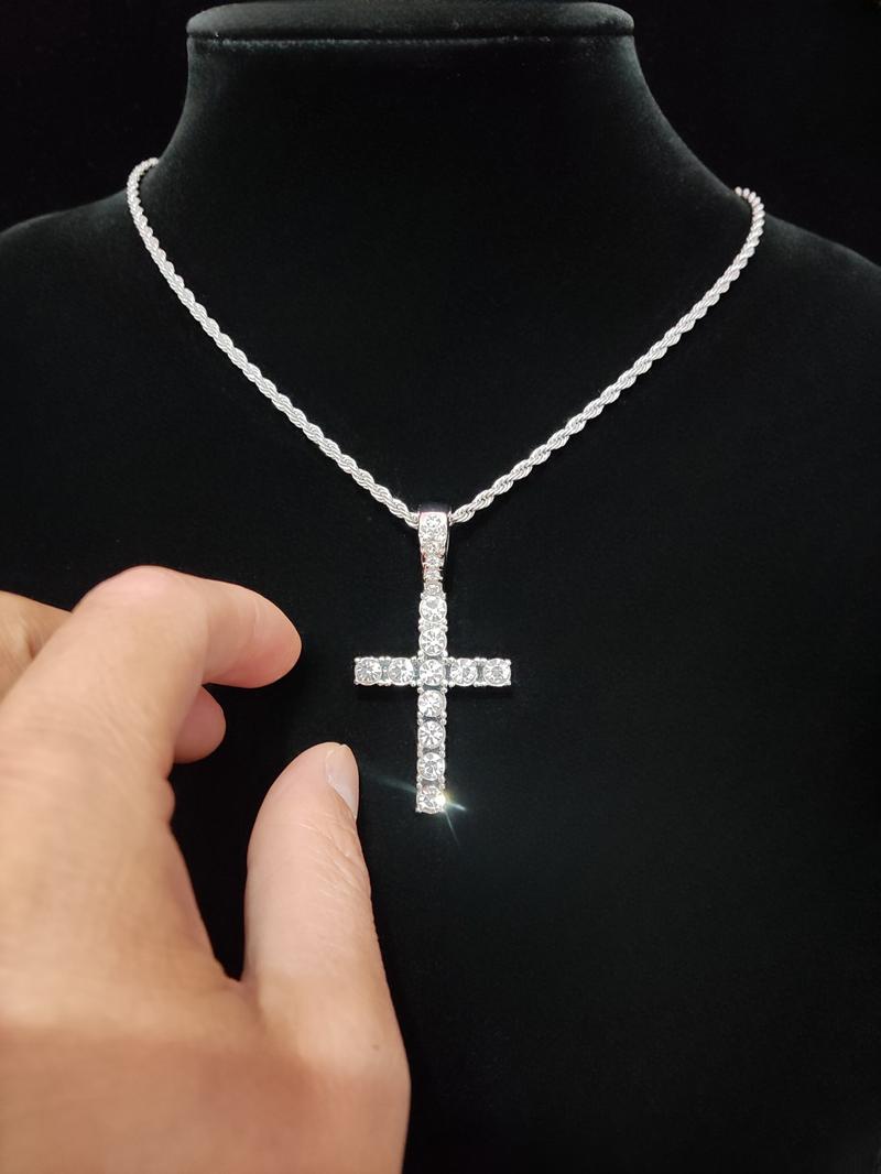 Summer Rhinestone Decor Cuban Link Chain Necklace & Cross Charm Necklace for Men & Women, Punk Style Exquisite Trendy Hip Hop Iced Out Jewelry As Gift