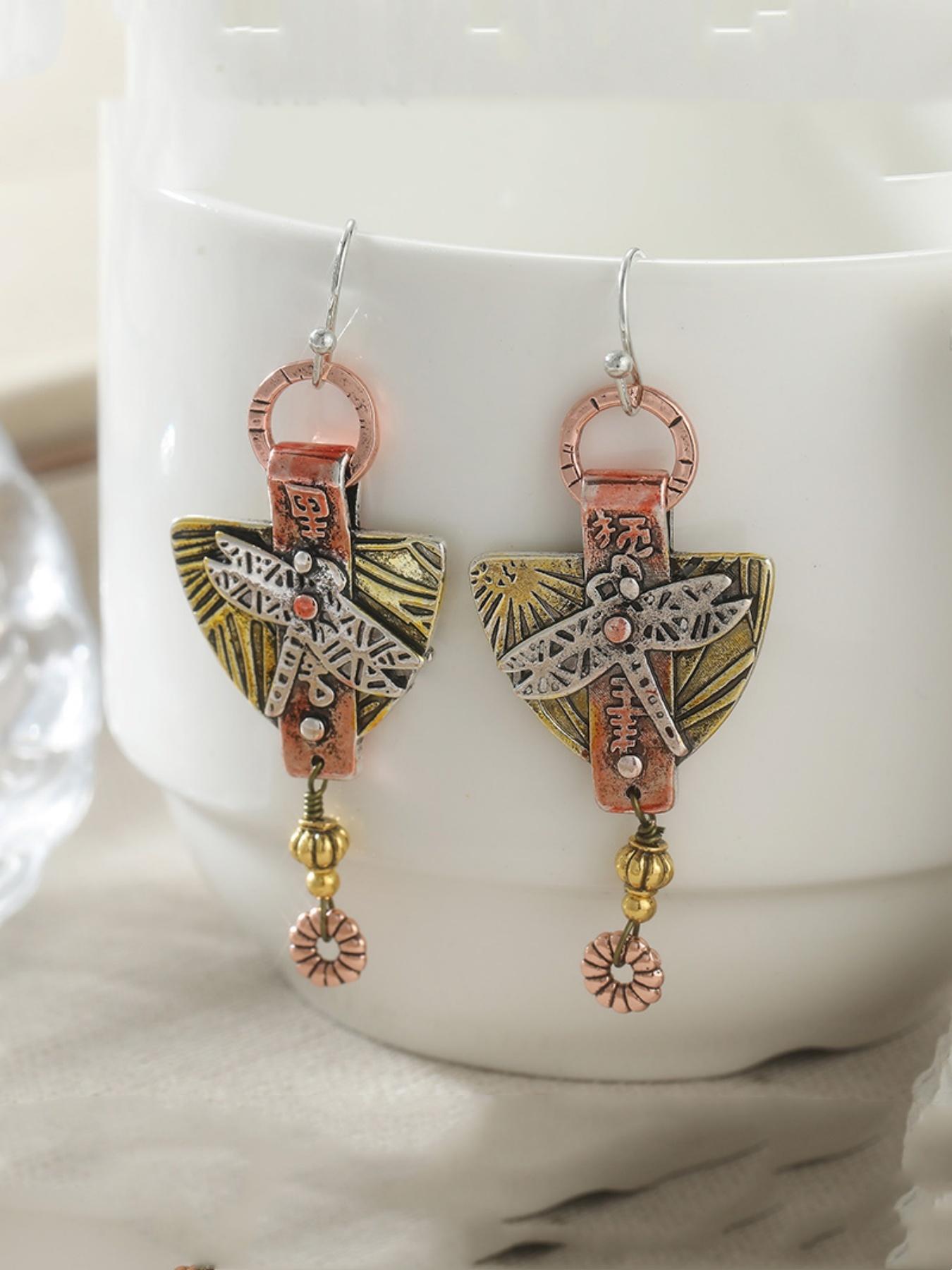 1pair of Ethnic Carved Dragonfly Geometric Drop Hook Earrings Pendientes Women's Vintage Round Triangle Dangle Earrings