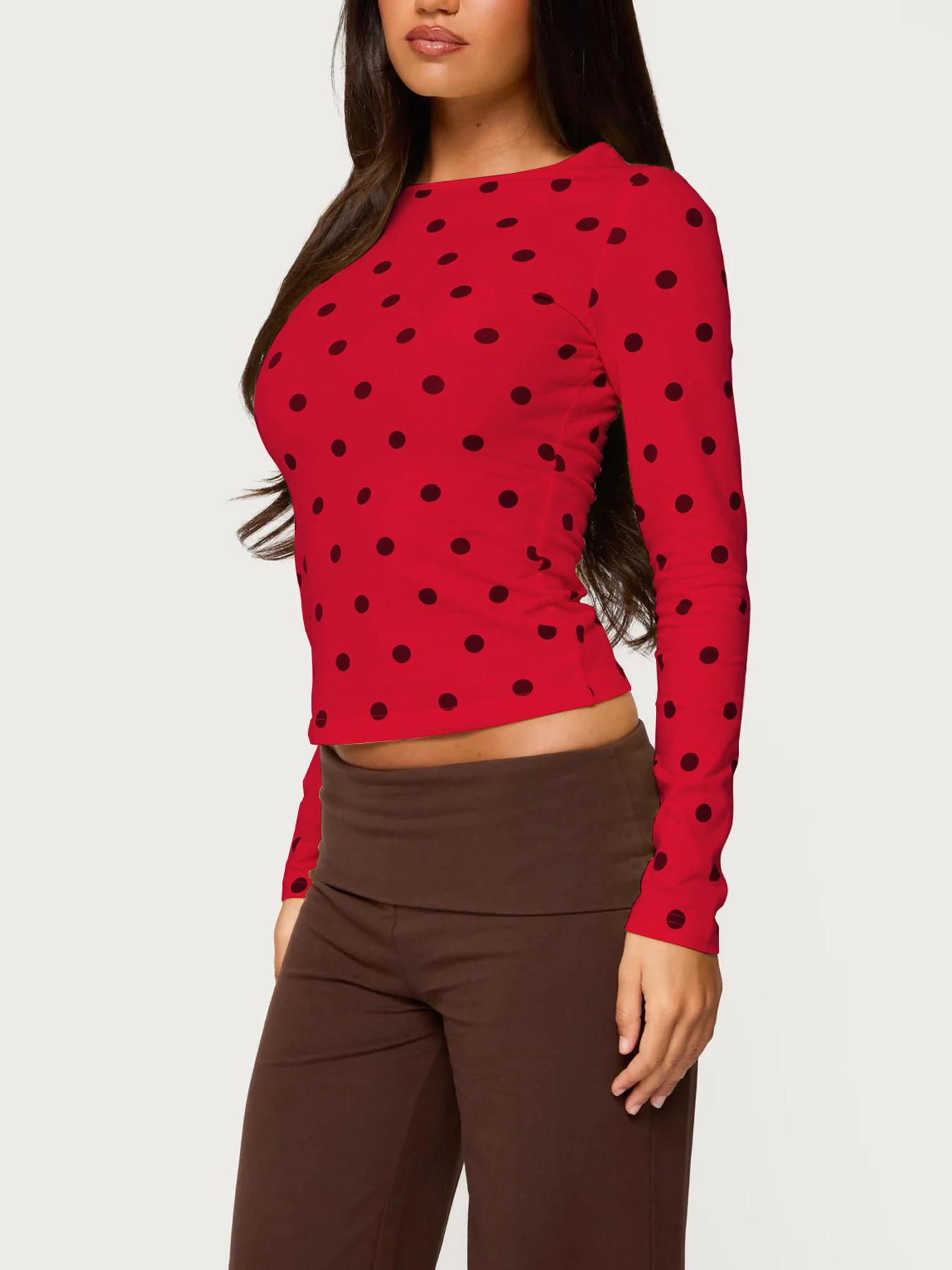Women's Polka Dot Long Sleeve Slim Fit Short Top, Womenswear, Vintage Bodycon, Perfect for Dates and Shopping, Stylish Chic Casual Wear Women's Polka Dot Long Sleeve Slim Fit Short Top, Womenswear, Vintage Bodycon, Perfect for Dates and Shopping, Stylish Chic Casual Wear