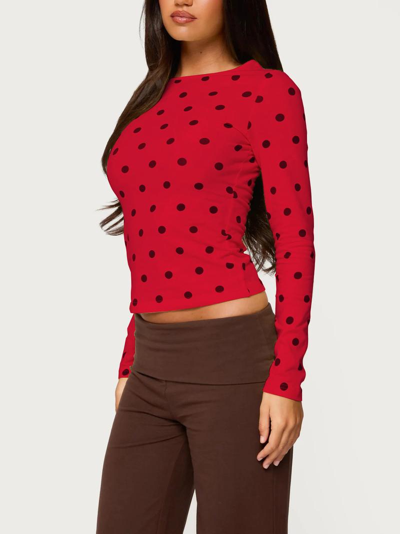Women's Polka Dot Long Sleeve Slim Fit Short Top, Vintage Bodycon, Perfect for Dates and Shopping, Stylish Casual Wear