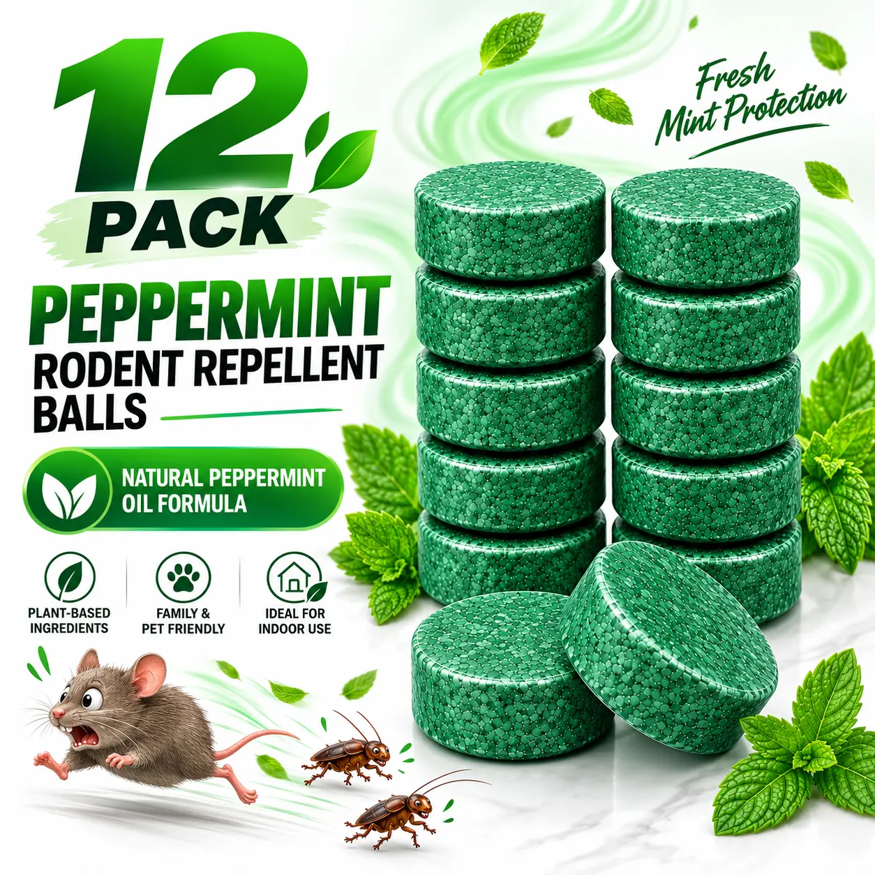 Eco-Friendly Plant-Based Pellet Indoor Rodent Repellent Peppermint Oil - Home Use Pest Control, Fast-Acting All-in-1 Formula, Mouse Rat Ant Deterrent, Cost-Effective, User-Friendly, Long-Lasting